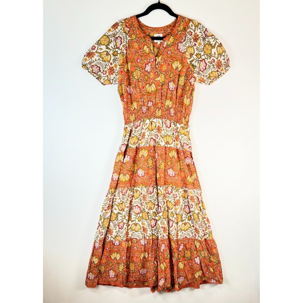 dRA Womens Dress Brown Midi Floral Smocked V Neck Tiered Cottagecore Boho Small
